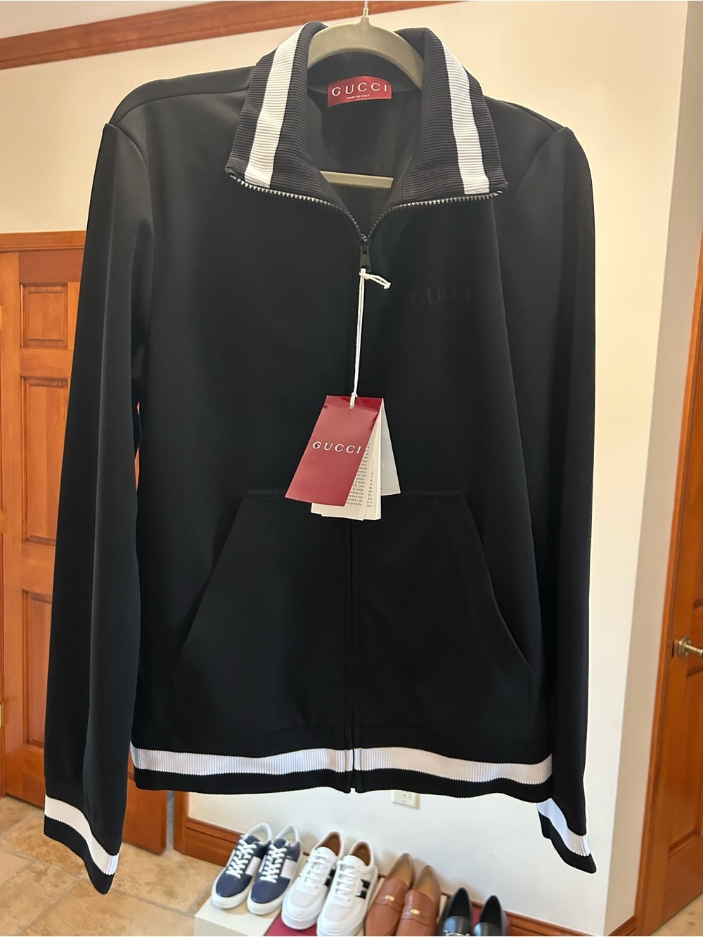 Men's Gucci jersey technical, zip up jacket, web, trim, size medium made Italy
